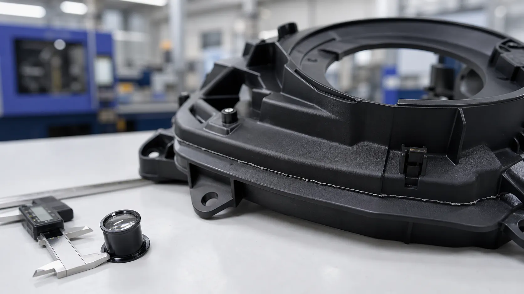 Injection molding flash along the parting line of a black PC ABS molded part