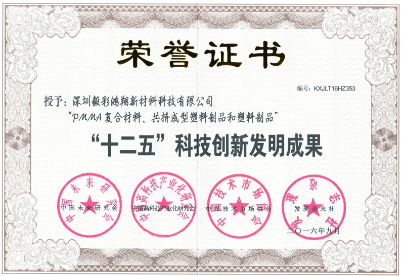 Technology innovation achievement honorary certificate for composite plastic materials